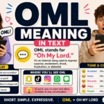 OML meaning in text infographic featuring surprised young people looking at smartphones, bold “OML Meaning in Text” headline, definition of “Oh My Lord,” examples of texting slang usage, social media platform icons, and emotional tone explanations including surprise, humor, romance, anger, and playful reactions.
