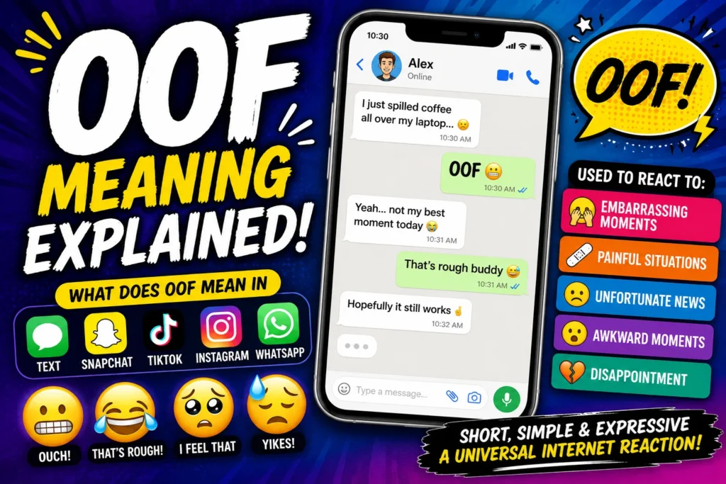 "Colorful featured image explaining OOF meaning in text messages and social media, showing a smartphone chat with OOF and icons for Snapchat, TikTok, Instagram, and WhatsApp alongside reaction emojis representing internet slang."