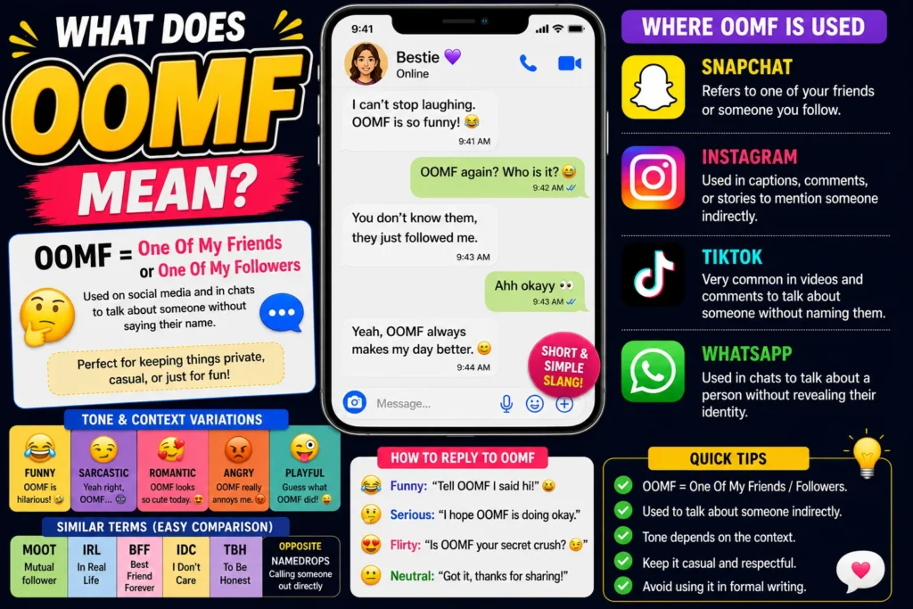 Illustration explaining the meaning of OOMF (One Of My Friends or One Of My Followers) in internet slang, featuring a smartphone chat conversation, social media icons, texting examples, and visual guides showing how OOMF is used on Snapchat, Instagram, TikTok, and WhatsApp.