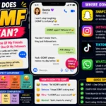 Illustration explaining the meaning of OOMF (One Of My Friends or One Of My Followers) in internet slang, featuring a smartphone chat conversation, social media icons, texting examples, and visual guides showing how OOMF is used on Snapchat, Instagram, TikTok, and WhatsApp.