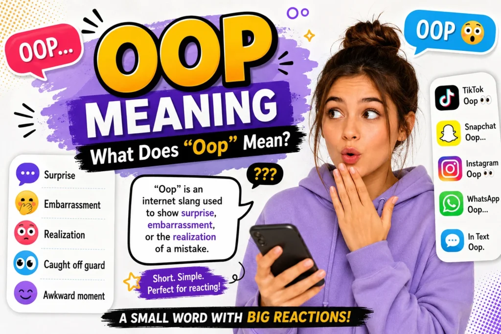 "Featured infographic explaining the OOP meaning in internet slang. The image shows that 'Oop' is a casual chat expression used to show surprise, embarrassment, awkwardness, or realizing a mistake. It includes a surprised person holding a smartphone, examples of OOP usage on TikTok, Snapchat, Instagram, WhatsApp, and in text messages, along with the question 'What Does Oop Mean?' and colorful reaction icons."