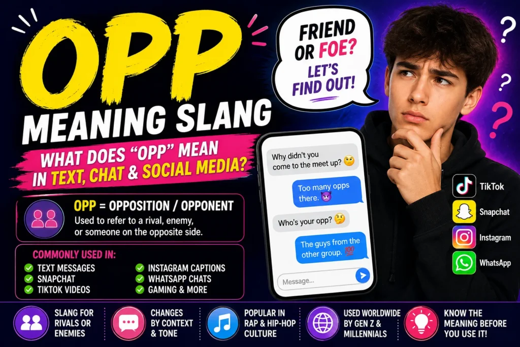 "Bold featured image explaining OPP slang meaning with a confused person, smartphone chat, and social media icons showing what 'OPP' means in text, TikTok, Snapchat, Instagram, WhatsApp, and online conversations."