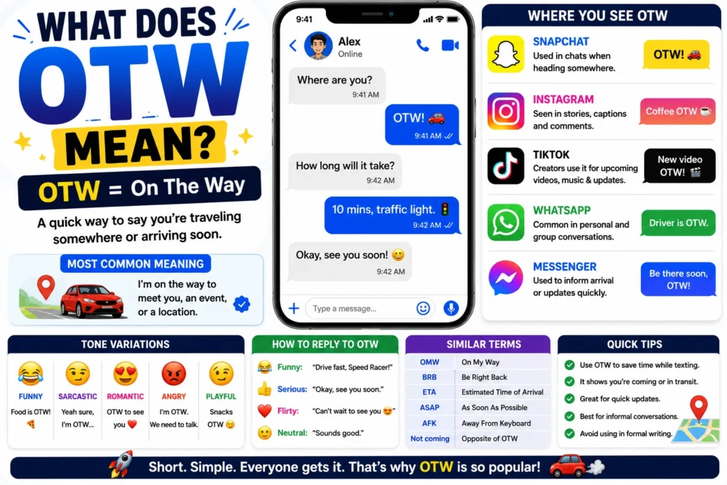 Colorful infographic explaining the meaning of OTW (On The Way) in texting and social media, featuring a smartphone chat example, Snapchat, Instagram, TikTok, WhatsApp, and Messenger icons, tone variations, reply examples, similar slang terms, and tips for using OTW in online conversations.