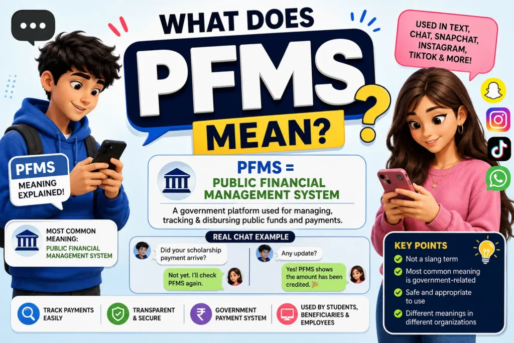 Colorful infographic explaining the meaning of PFMS (Public Financial Management System), featuring two young smartphone users, social media icons, chat examples, and key points about PFMS as a government payment and fund management platform.