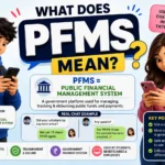 Colorful infographic explaining the meaning of PFMS (Public Financial Management System), featuring two young smartphone users, social media icons, chat examples, and key points about PFMS as a government payment and fund management platform.