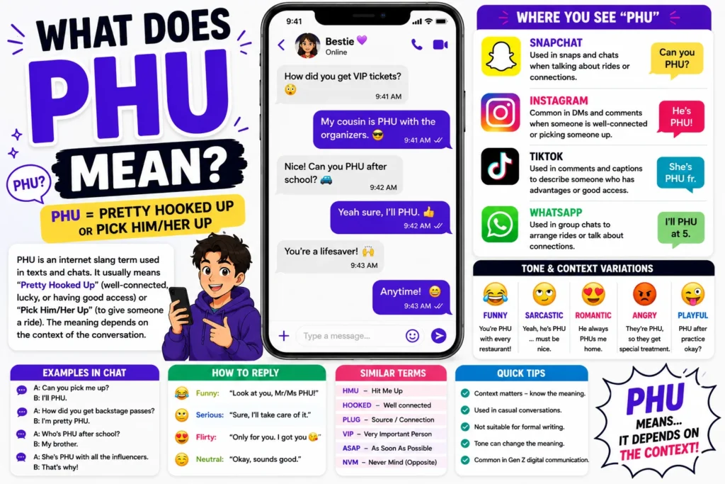 Colorful infographic explaining the meaning of PHU in texting and online slang, featuring a smartphone chat conversation, Snapchat, Instagram, TikTok, and WhatsApp usage examples, tone variations, reply suggestions, and definitions showing that PHU can mean “Pretty Hooked Up” or “Pick Him/Her Up” depending on the context.