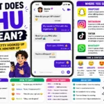 Colorful infographic explaining the meaning of PHU in texting and online slang, featuring a smartphone chat conversation, Snapchat, Instagram, TikTok, and WhatsApp usage examples, tone variations, reply suggestions, and definitions showing that PHU can mean “Pretty Hooked Up” or “Pick Him/Her Up” depending on the context.