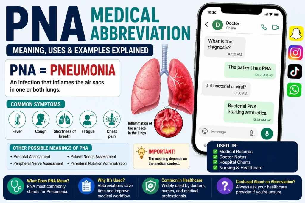 PNA medical abbreviation infographic showing pneumonia as the primary meaning of PNA, with a lung illustration, doctor-patient chat example, common symptoms including fever, cough, shortness of breath, fatigue, and chest pain, plus other healthcare-related meanings of PNA used in medical records and nursing documentation.