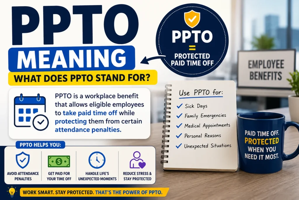 Informational featured image explaining PPTO meaning (Protected Paid Time Off), showing workplace benefit icons, paid leave concepts, attendance protection, employee benefits, and examples of using PPTO for sick days, emergencies, and personal time off.