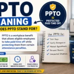 Informational featured image explaining PPTO meaning (Protected Paid Time Off), showing workplace benefit icons, paid leave concepts, attendance protection, employee benefits, and examples of using PPTO for sick days, emergencies, and personal time off.