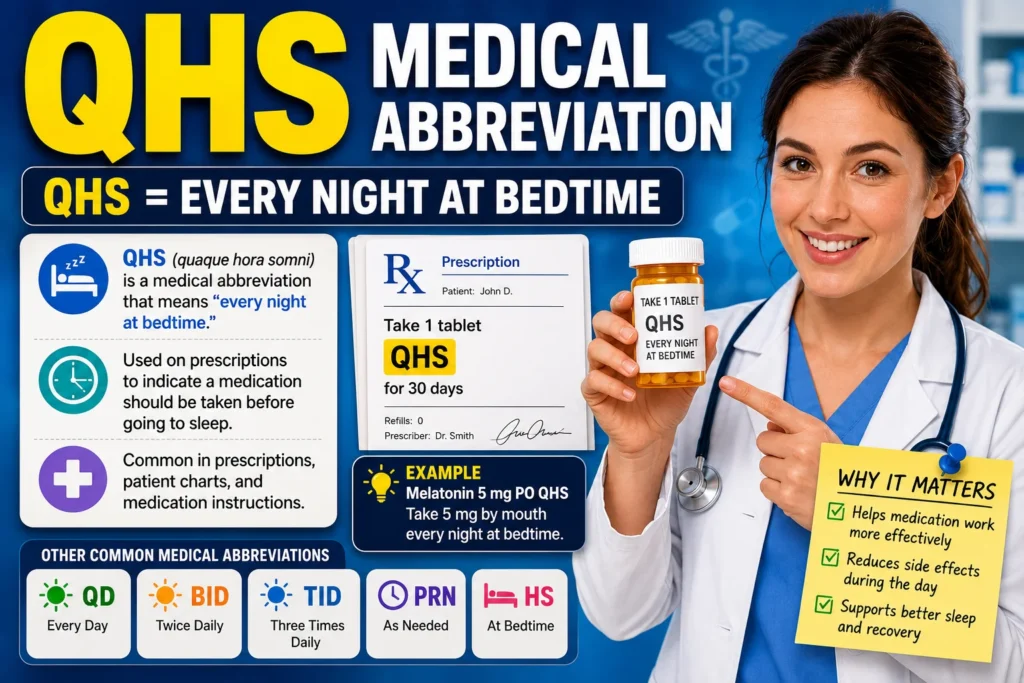 QHS medical abbreviation infographic showing a healthcare professional holding a prescription bottle labeled “QHS,” with the definition “QHS = Every Night at Bedtime.” The image explains that QHS is a medical abbreviation used on prescriptions and medication instructions, alongside examples, healthcare icons, and common medical abbreviations such as QD, BID, TID, PRN, and HS.