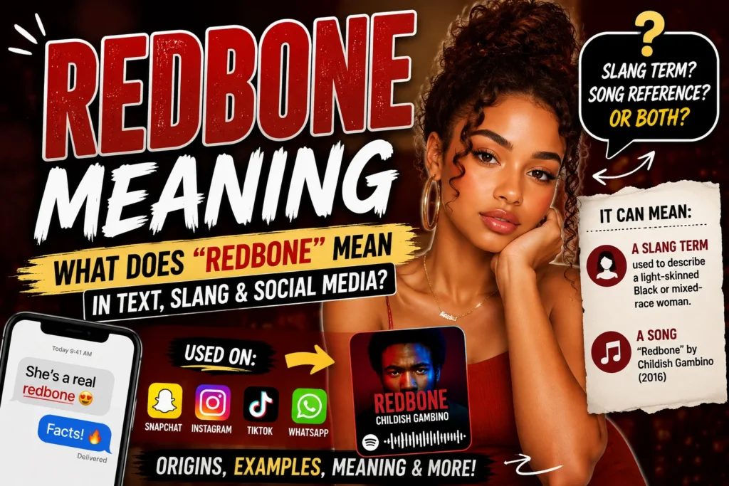 Featured image explaining the redbone meaning in text and slang, showing the term's cultural meaning, Childish Gambino's "Redbone" song reference, and its usage on TikTok, Snapchat, Instagram, and WhatsApp with bold infographic-style visuals.