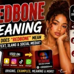 Featured image explaining the redbone meaning in text and slang, showing the term's cultural meaning, Childish Gambino's "Redbone" song reference, and its usage on TikTok, Snapchat, Instagram, and WhatsApp with bold infographic-style visuals.