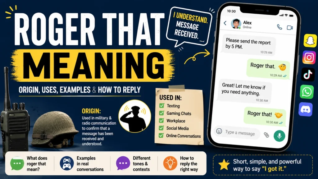 Roger That Meaning infographic featuring a smartphone chat showing “Roger that,” military radio and helmet icons, social media logos, and visuals explaining the phrase’s meaning, origin, uses, examples, and how to reply in text messages, gaming chats, and online conversations.