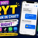 Featured image explaining the meaning of RYT in chat, showing a smartphone text conversation where “RYT” is used as a shorthand for “Right.” The graphic includes Snapchat, Instagram, TikTok, WhatsApp, and texting icons, highlighting RYT as a popular internet slang term and texting abbreviation used in casual online conversations, social media chats, and digital communication.