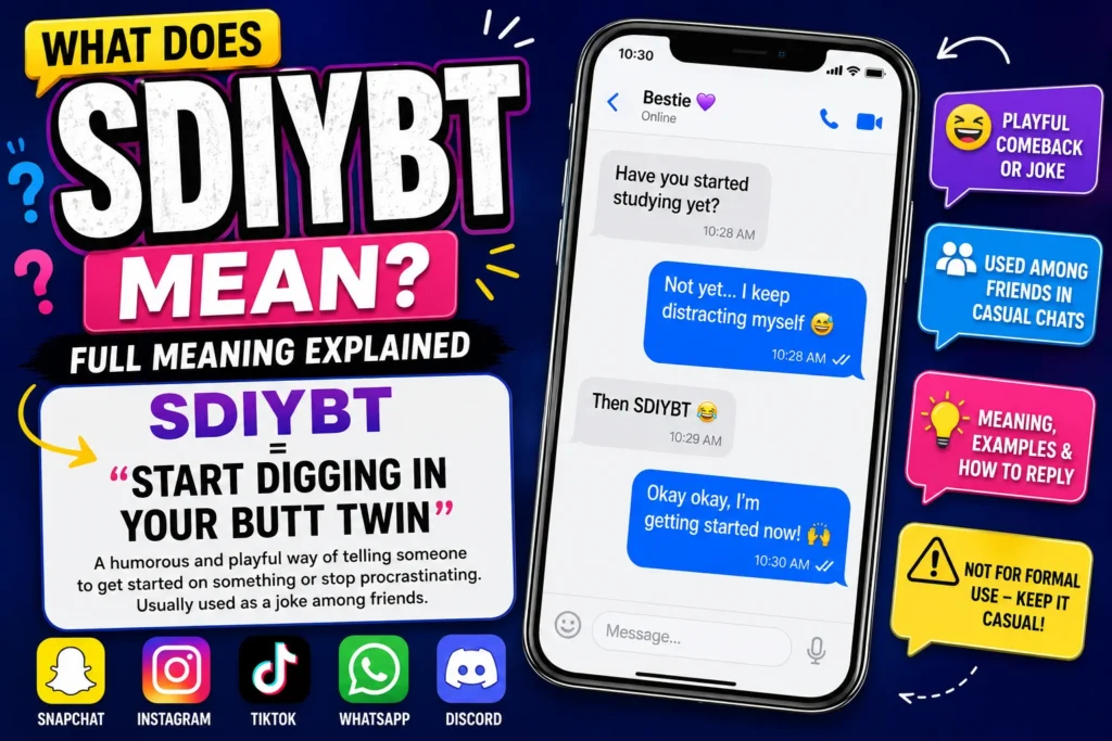 Colorful featured image illustrating the SDIYBT meaning ("Start Digging In Your Butt, Twin") with a smartphone chat screen, speech bubbles, internet slang icons, and social media symbols. The design highlights SDIYBT as a humorous texting abbreviation used in online conversations, Snapchat, TikTok, and messaging apps.
