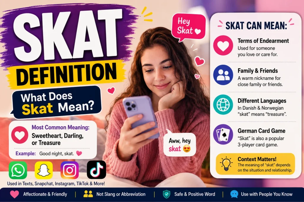 Colorful featured image explaining the meaning of “Skat,” showing the word “SKAT” in large bold letters with the definition “Sweetheart, Darling, Treasure” inside a chat bubble. The illustration includes a smiling couple exchanging affectionate text messages on smartphones, surrounded by hearts, social media icons, and messaging symbols, representing the use of “skat” in texting, Snapchat, Instagram, TikTok, and online conversations.