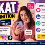 Colorful featured image explaining the meaning of “Skat,” showing the word “SKAT” in large bold letters with the definition “Sweetheart, Darling, Treasure” inside a chat bubble. The illustration includes a smiling couple exchanging affectionate text messages on smartphones, surrounded by hearts, social media icons, and messaging symbols, representing the use of “skat” in texting, Snapchat, Instagram, TikTok, and online conversations.