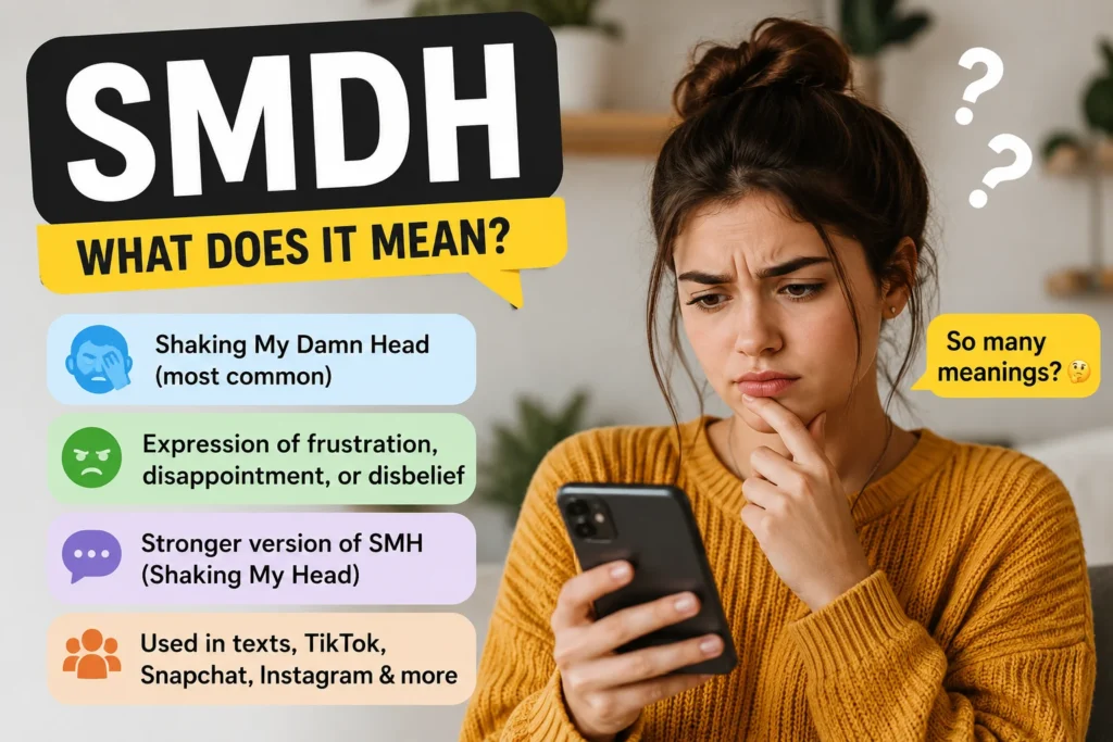 SMDH meaning featured image showing a confused young woman looking at her phone alongside the keyword "SMDH" and its meanings: "Shaking My Damn Head," expressing frustration, disappointment, disbelief, and a stronger version of SMH.