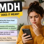 SMDH meaning featured image showing a confused young woman looking at her phone alongside the keyword "SMDH" and its meanings: "Shaking My Damn Head," expressing frustration, disappointment, disbelief, and a stronger version of SMH.
