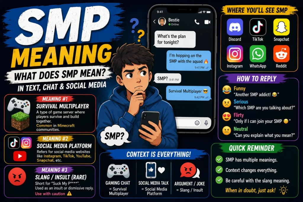 SMP meaning infographic showing a confused person looking at a phone, with explanations of SMP as Survival Multiplayer, Social Media Platform, and a rare slang meaning. Includes gaming icons, social media logos, chat examples, and tips for understanding SMP in text messages, chats, and social media conversations.