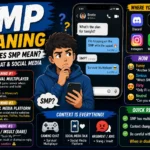 SMP meaning infographic showing a confused person looking at a phone, with explanations of SMP as Survival Multiplayer, Social Media Platform, and a rare slang meaning. Includes gaming icons, social media logos, chat examples, and tips for understanding SMP in text messages, chats, and social media conversations.