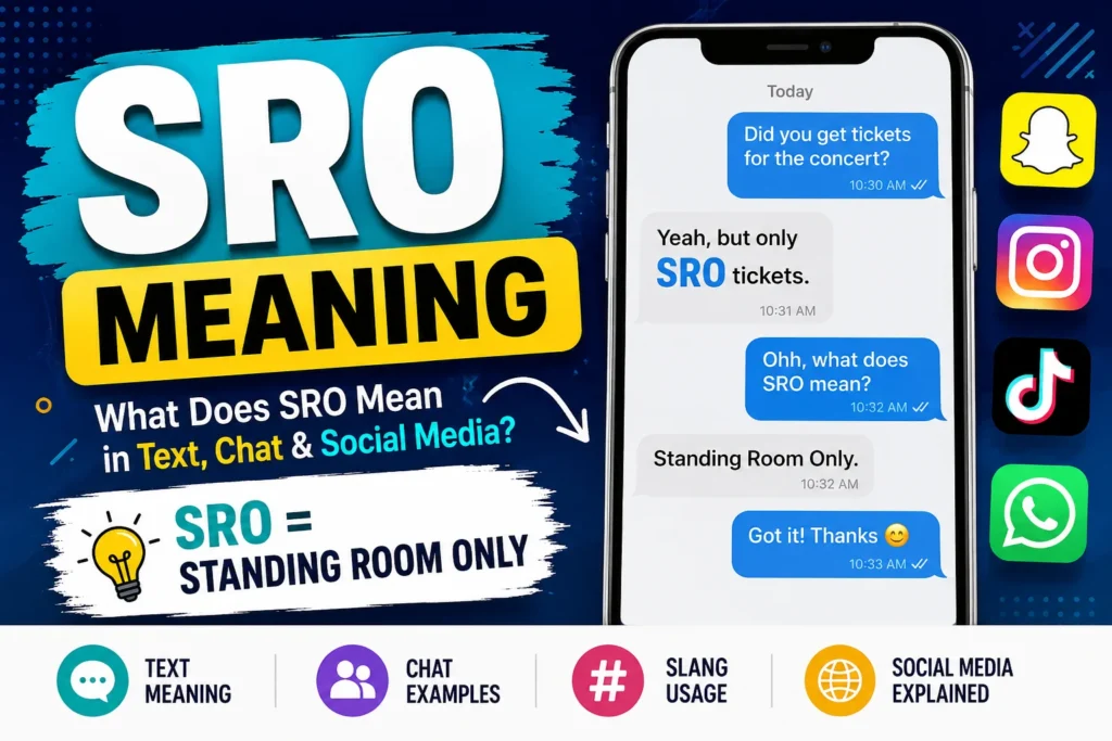SRO meaning infographic showing a smartphone text conversation explaining that SRO stands for “Standing Room Only,” alongside Snapchat, Instagram, TikTok, and WhatsApp icons, with the headline “SRO Meaning: What Does SRO Mean in Text, Chat & Social Media?” and examples of how the abbreviation is used online.