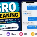 SRO meaning infographic showing a smartphone text conversation explaining that SRO stands for “Standing Room Only,” alongside Snapchat, Instagram, TikTok, and WhatsApp icons, with the headline “SRO Meaning: What Does SRO Mean in Text, Chat & Social Media?” and examples of how the abbreviation is used online.