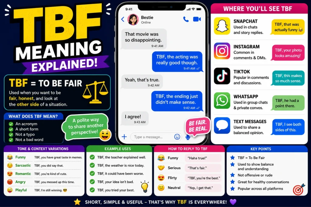 TBF Meaning infographic explaining TBF as "To Be Fair" in text messages, Snapchat, TikTok, Instagram, WhatsApp, and online chats. Features texting examples, balanced opinions, tone variations, social media usage, common replies, and communication tips.