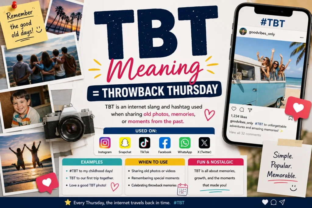 eatured image explaining TBT meaning (Throwback Thursday), showing diverse Gen Z and millennial users sharing old photos on smartphones and social media. The image includes large text reading “TBT Meaning” and “Throwback Thursday,” surrounded by nostalgic photo frames, memory icons, chat bubbles, Instagram-style posts, Snapchat stories, and TikTok-inspired throwback content.