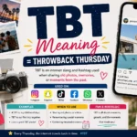 eatured image explaining TBT meaning (Throwback Thursday), showing diverse Gen Z and millennial users sharing old photos on smartphones and social media. The image includes large text reading “TBT Meaning” and “Throwback Thursday,” surrounded by nostalgic photo frames, memory icons, chat bubbles, Instagram-style posts, Snapchat stories, and TikTok-inspired throwback content.