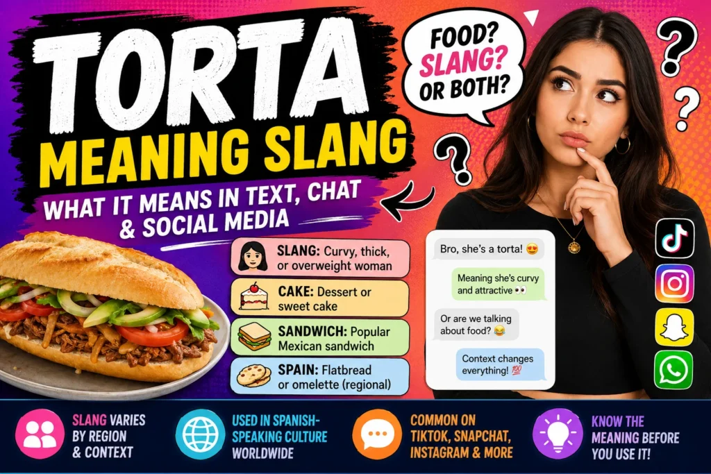 Colorful featured image explaining torta slang meaning with a confused woman, Mexican torta sandwich, and social media icons illustrating what 'torta' means in text, TikTok, Snapchat, Instagram, and online chat.