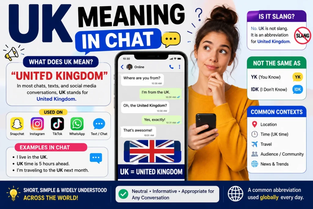 Illustration explaining the meaning of “UK” in chat and text messages, featuring a smiling young person using a smartphone with chat bubbles, a United Kingdom map icon, social media symbols, and bold text showing “UK = United Kingdom” on a colorful blue and red gradient background.
