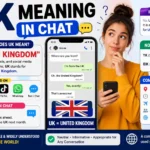 Illustration explaining the meaning of “UK” in chat and text messages, featuring a smiling young person using a smartphone with chat bubbles, a United Kingdom map icon, social media symbols, and bold text showing “UK = United Kingdom” on a colorful blue and red gradient background.