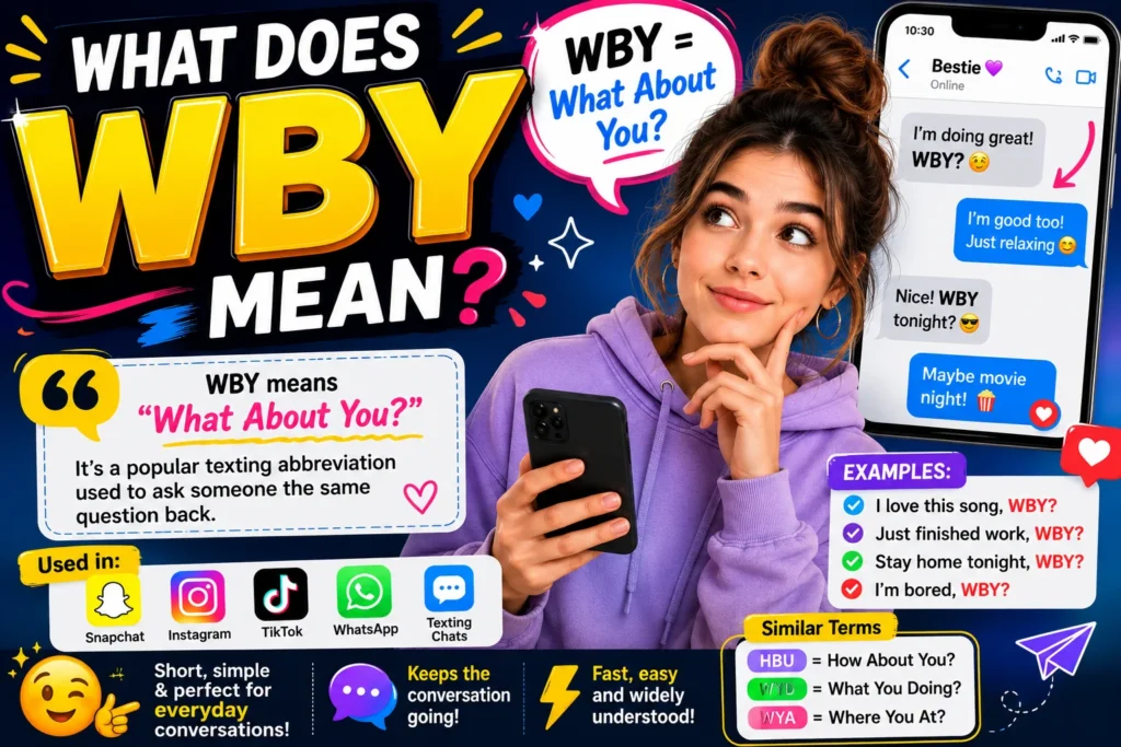 Featured image for "WBY Meaning: What Does WBY Mean in Text, Snapchat, TikTok & Slang" showing a young person texting on a smartphone with colorful chat bubbles displaying "WBY?" and messaging icons. The infographic explains that WBY stands for "What About You?" and highlights its use in text messages, Snapchat, TikTok, Instagram, WhatsApp, online chats, texting abbreviations, internet slang, and modern digital communication.