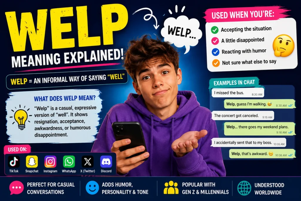 Illustration explaining the meaning of “Welp” in texting and social media. A young person with a confused yet accepting expression holds a smartphone while the image defines welp as an informal version of “well” used to express resignation, acceptance, awkwardness, or humorous disappointment. Includes chat examples, social media icons (TikTok, Snapchat, Instagram, WhatsApp, X, and Discord), and visual explanations of how the slang term is used in casual online conversations.