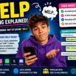 Illustration explaining the meaning of “Welp” in texting and social media. A young person with a confused yet accepting expression holds a smartphone while the image defines welp as an informal version of “well” used to express resignation, acceptance, awkwardness, or humorous disappointment. Includes chat examples, social media icons (TikTok, Snapchat, Instagram, WhatsApp, X, and Discord), and visual explanations of how the slang term is used in casual online conversations.