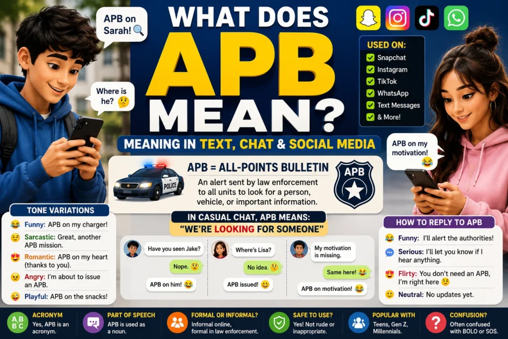 Featured image explaining the meaning of APB (All-Points Bulletin) with Gen Z characters using smartphones, social media icons, chat examples, and a police-themed infographic showing how APB is used in text messages, Snapchat, TikTok, Instagram, and casual online conversations.