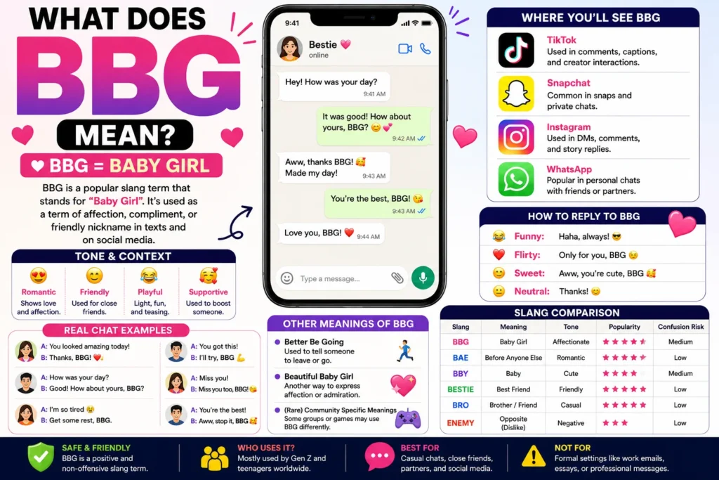 BBG meaning infographic explaining “BBG” stands for “Baby Girl” with texting examples, social media usage on TikTok, Snapchat, Instagram, and WhatsApp, chat conversations, tone variations, reply suggestions, and slang comparison chart.