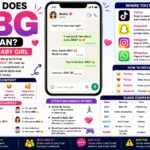 BBG meaning infographic explaining “BBG” stands for “Baby Girl” with texting examples, social media usage on TikTok, Snapchat, Instagram, and WhatsApp, chat conversations, tone variations, reply suggestions, and slang comparison chart.