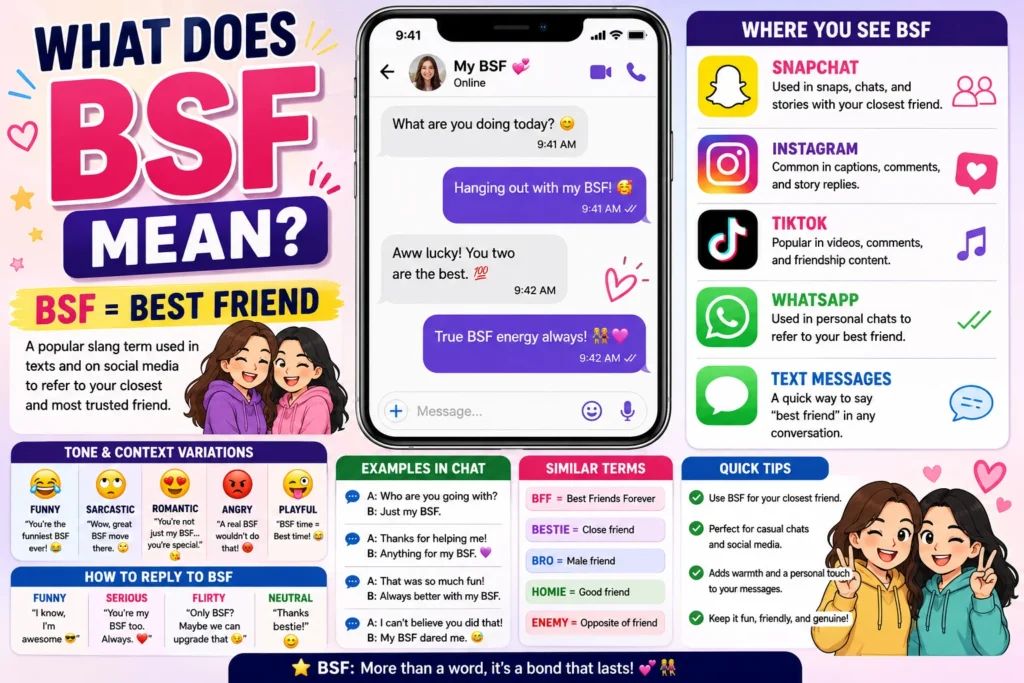 What Does BSF Mean infographic showing BSF meaning as Best Friend, with texting examples, Snapchat, TikTok, Instagram, and WhatsApp usage, friendship illustrations, chat conversations, tone variations, reply ideas, and related slang terms.