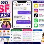 What Does BSF Mean infographic showing BSF meaning as Best Friend, with texting examples, Snapchat, TikTok, Instagram, and WhatsApp usage, friendship illustrations, chat conversations, tone variations, reply ideas, and related slang terms.