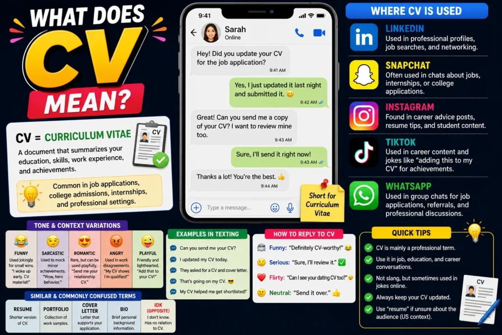 Colorful infographic explaining the meaning of CV (Curriculum Vitae) in text messages and online conversations, featuring a smartphone chat example, social media platform icons for LinkedIn, Snapchat, Instagram, TikTok, and WhatsApp, tone variations, texting examples, reply suggestions, and tips about professional and educational use of CV.