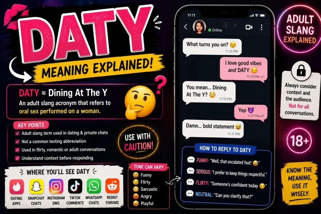 DATY meaning explained infographic featuring a smartphone chat example, bold DATY text, adult slang definition, social media platform icons, response examples, and safety tips for understanding DATY in texting and online conversations.