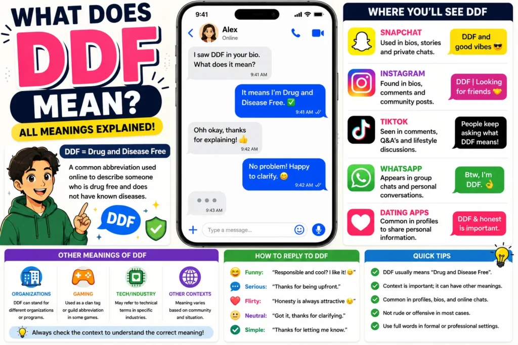 Colorful infographic explaining the meaning of DDF with a smartphone chat example, social media platform icons, and visual guides showing where DDF is used on Snapchat, Instagram, TikTok, WhatsApp, and dating apps, plus explanations of its primary meaning, alternative meanings, response examples, and usage tips.