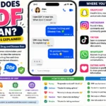Colorful infographic explaining the meaning of DDF with a smartphone chat example, social media platform icons, and visual guides showing where DDF is used on Snapchat, Instagram, TikTok, WhatsApp, and dating apps, plus explanations of its primary meaning, alternative meanings, response examples, and usage tips.