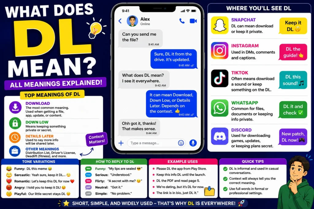 Illustrated infographic explaining DL meaning in text messages and social media, showing common definitions like Download, Down Low, and Details Later, with examples from Snapchat, Instagram, TikTok, WhatsApp, and Discord chats.