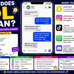 Illustrated infographic explaining DL meaning in text messages and social media, showing common definitions like Download, Down Low, and Details Later, with examples from Snapchat, Instagram, TikTok, WhatsApp, and Discord chats.