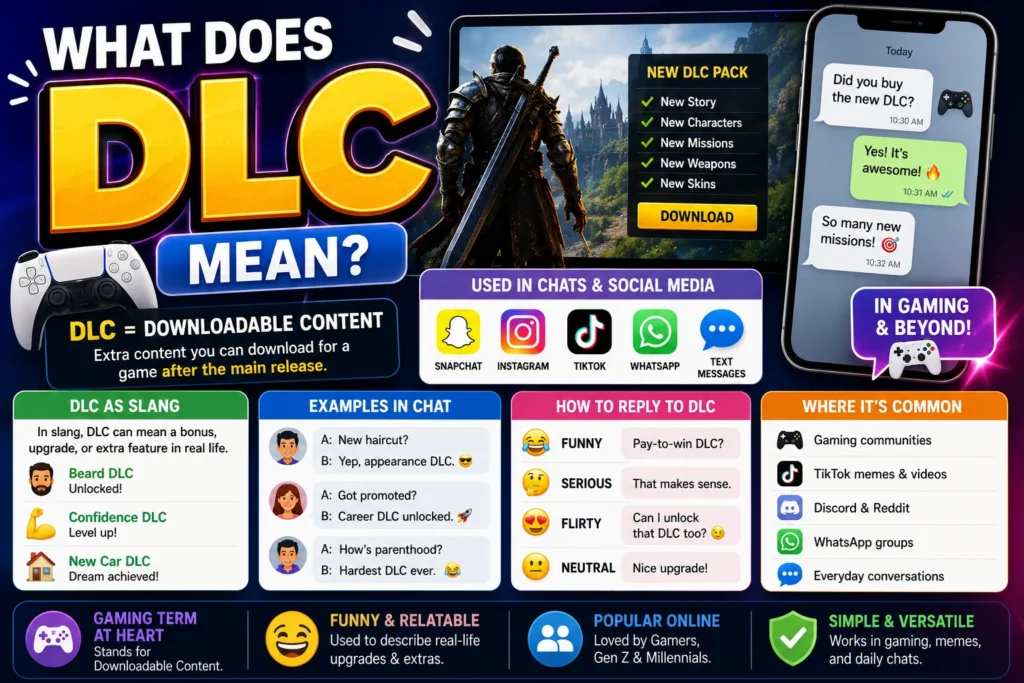 DLC Meaning featured image explaining DLC as "Downloadable Content" in gaming, text messages, chats, TikTok, Instagram, Snapchat, and WhatsApp. Includes game expansion examples, chat conversations, social media icons, slang usage, and how to reply to DLC.