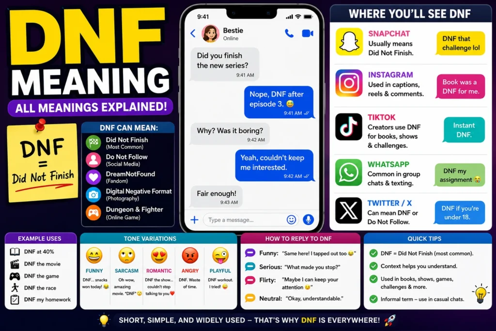 DNF Meaning infographic explaining DNF as "Did Not Finish" with texting examples, Snapchat, Instagram, TikTok, WhatsApp, and X usage. Features a smartphone chat conversation, common meanings, tone variations, reply suggestions, and practical examples of DNF in online communication.